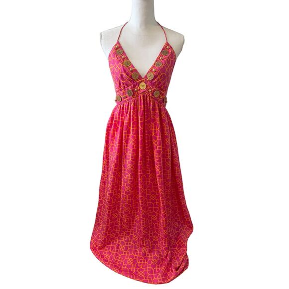 Milly New York Silk Halter Maxi Dress Hot Pink Orange Print Gold Detail 8 - Picture 1 of 8